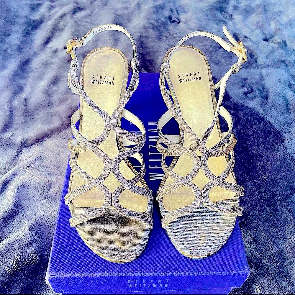 Stuart Weitzman Turning Up Pyrite Nocturn Silver Gold Metallic Strappy Heels